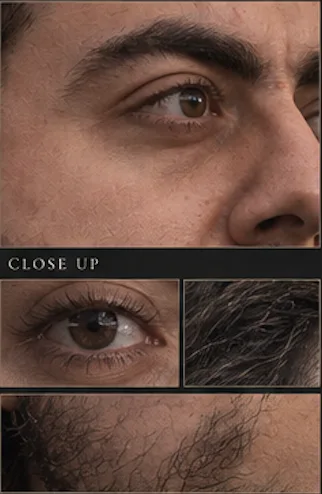 Character detail studies showing an eye, hair and facial texture.