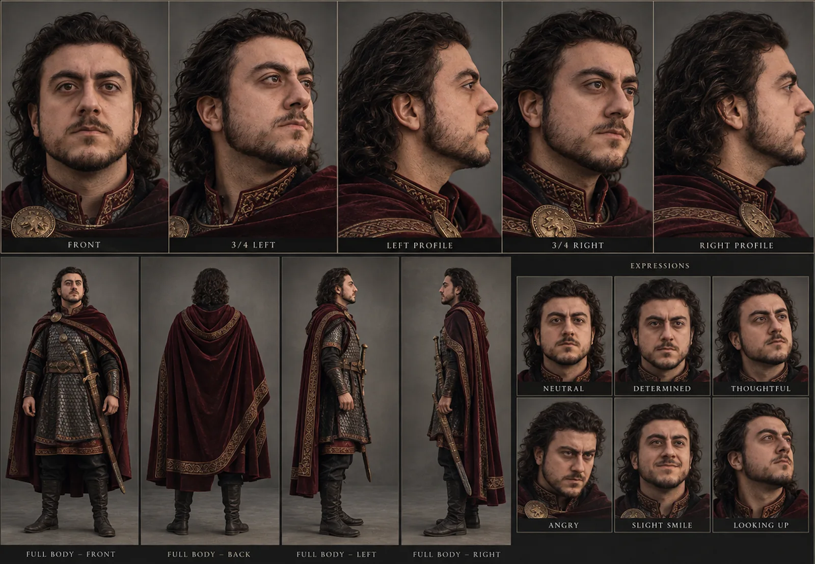 Character reference sheet showing Vakhtang from multiple angles, in full costume, and with different expressions.
