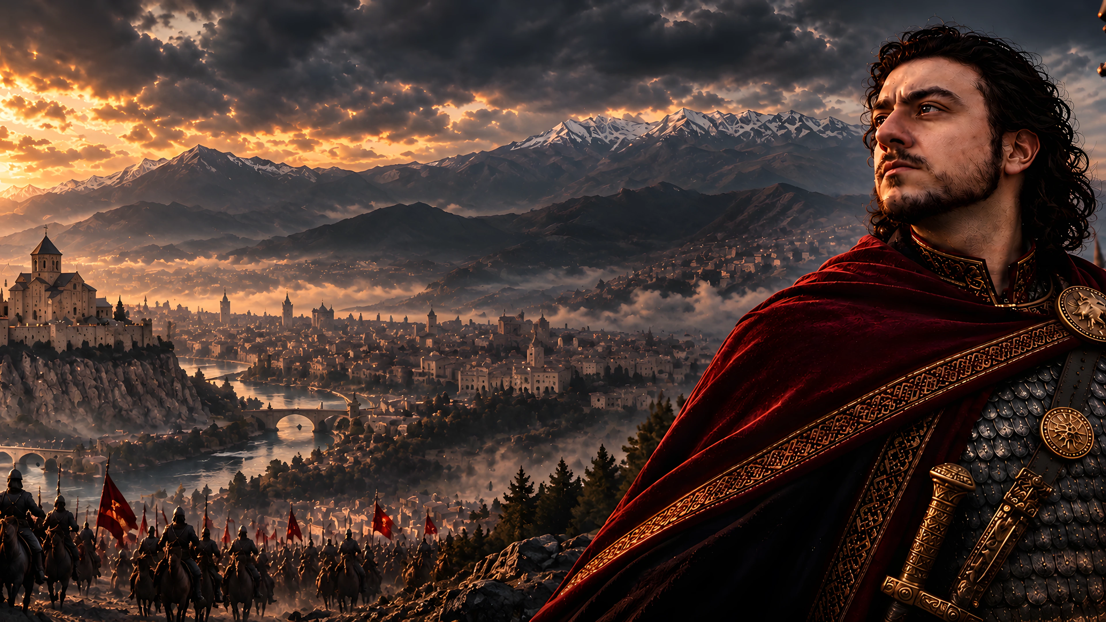 Vakhtang in a red cloak above a city and river, with mountains beneath a golden sunset.